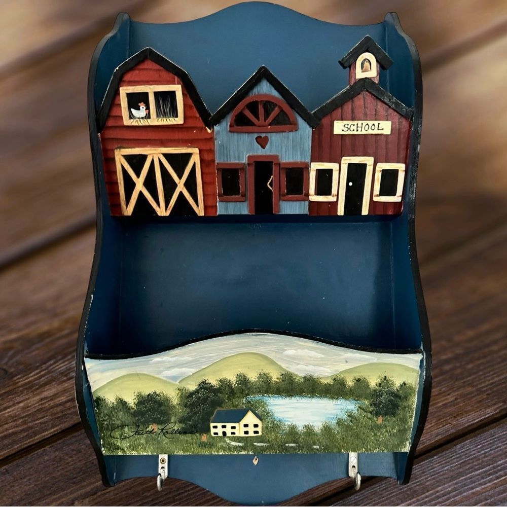 Faith Rollins Vintage Schoolhouse Wooden Wall Hanging Mail Holder Organizer.